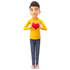 Cartoon character of a cheerful guy holding a heart on a white background. 3d render illustration.