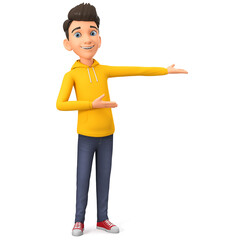 Cartoon character cheerful guy points with his hands to an empty space. 3d render illustration.