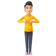 Cartoon character cheerful guy shows two fingers up. 3d render illustration.
