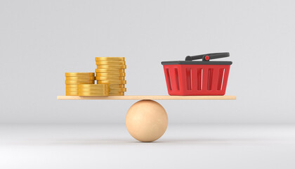 Scales on a white background. Coins and a basket for products. 3d render illustration.