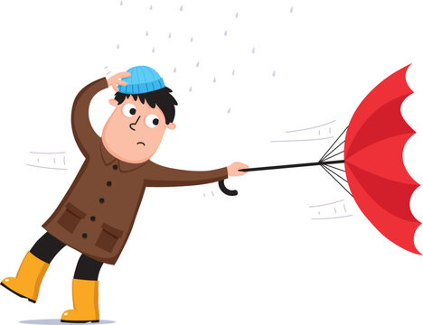 Cartoon vector illustration of a man and his umbrella blowing inside out on a wet and windy day.
