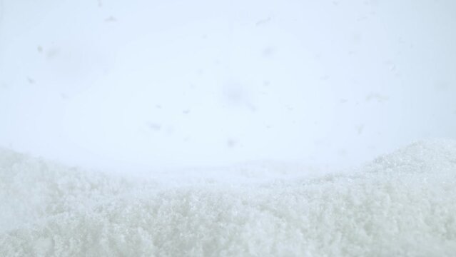 Super slow motion of falling snow with camera movement. Filmed on high speed cinema camera, 800 fps.