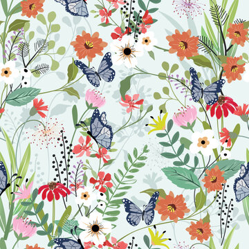 Beautiful wild flower and butterfly seamless pattern