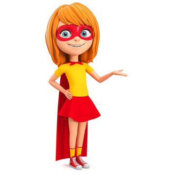 3d render illustration. Cartoon character girl in a super hero costume on a white background points with her hand.