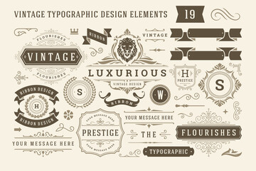 Vintage typographic design elements set vector illustration.