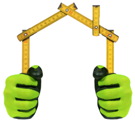 Close-up of two hands with work gloves holding a folding ruler in the shape of a house, isolated on white or transparent background. Construction industry concept. Photography, png.