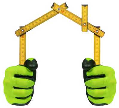 Close-up of two hands with work gloves holding a folding ruler in the shape of a house, isolated on white or transparent background. Construction industry concept. Photography, png.