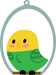 Cute bright parrot sits on swing. Charming pet. Budgerigar. Vector illustration. Flat design element on white background