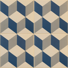 Old blue beige vintage geometric shabby mosaic motif porcelain stoneware tiles stone concrete cement wall wallpaper texture background, with square cubes 3D print seamless pattern