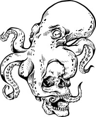 Obraz premium Octopus is squeezing a skull art tattoo poster unique style original work black and white