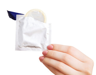 Female hand holds condom. Contraception concept. Isolated on white.