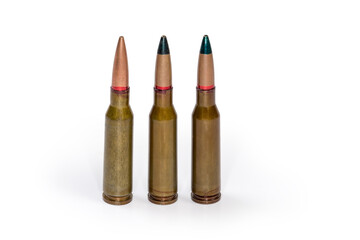 Different service cartridges for assault rifle on a white background