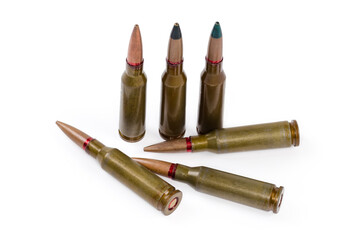 Different service cartridges for assault rifle on a white background
