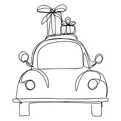 One Line Car with Gifts Continuous Line Drawing