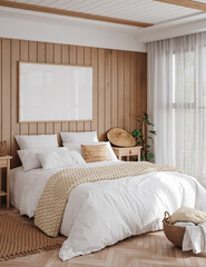 Mockup frame in cozy bedroom interior background, 3d render