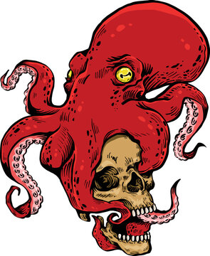 Octopus is squeezing a skull art tattoo poster unique style original work colored