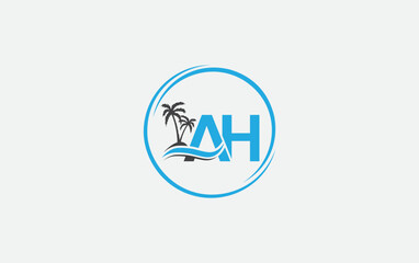 Water wave circle logo and ocean beach palm tree vector logo letters