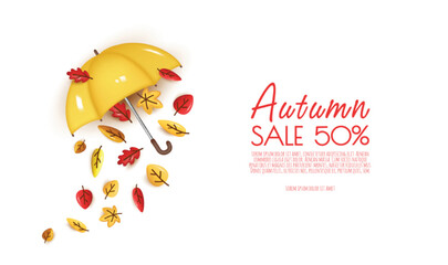 Autumn sale banner template with realistic umbrella and autumn leaves. Vector illustration