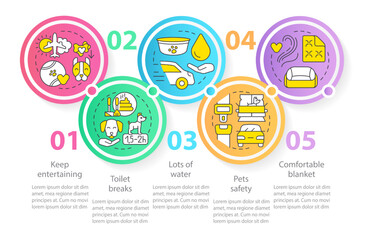 Care animal while traveling circle infographic template. Trip with pets. Data visualization with 5 steps. Editable timeline info chart. Workflow layout with line icons. Myriad Pro-Regular font used
