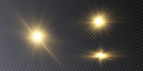 Yellow flashes of light and glare. Laser beams of light. Beautiful light flashes. Glowing stripes on a transparent background.