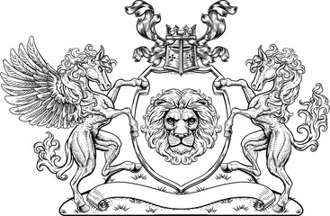 Crest Pegasus Horse Coat of Arms Lion Shield Seal