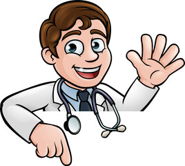 Fototapeta premium Doctor Cartoon Character Above Sign Pointing