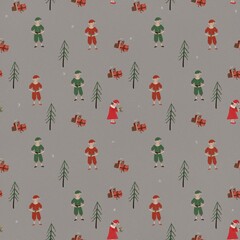 Seamless pattern with christmas gnomes on red and green costumes, christmas trees, gifts. Gnomes on grey background for fabric, paper, books, toys, greeting, christmas design.