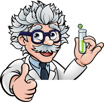 Cartoon Scientist Holding Test Tube Thumbs Up