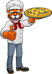 Tiger Pizza Chef Cartoon Restaurant Mascot