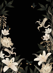 Vintage frame of lovely flowers. Beautiful lilies, peonies, tulips, butterflies. Luxurious dark floral background. Design for invitations, cards, banners, covers, websites