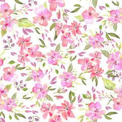 Watercolor seamless pattern with abstract different pink flowers, leaves, branches. Hand drawn floral illustration isolated on white background. For packaging, wallpaper, wrapping  design or print
