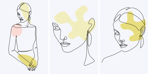 Surreal Faces Continuous line, drawing of set faces and hairstyles, fashion concept, woman's beauty, minimalist, vector illustration, pretty sexy. Take care of yourself.