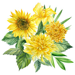 Yellow flowers, chrysanthemum, dahlia and sunflowers. Illustration in vintage watercolor style.