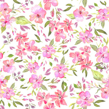 Watercolor seamless pattern with abstract different pink flowers, leaves, branches. Hand drawn floral illustration isolated on white background. For packaging, wallpaper, wrapping design or print © Alla