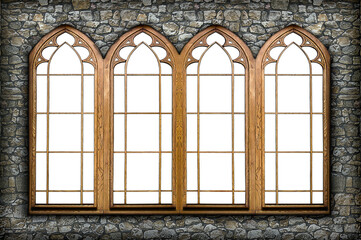 a large carved wooden frame window in a stone wall with a white background on the outside.