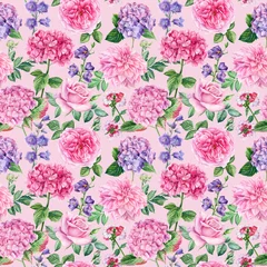 Poster Flora seamless pattern. Rose, hydrangea, bluebell flowers, watercolor botanical illustration © Hanna