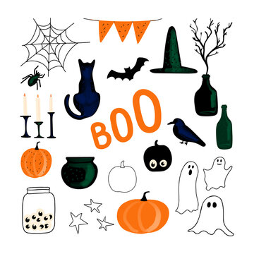 Halloween set illustration in black orange and white color isolated on white background