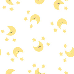 Seamless pattern with cute kawaii moon and stars on white background. Vector hand drawn texture for wrapping paper, fabric print, kids textile, cover, card design