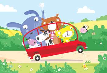 Obraz na płótnie Canvas Cartoon vector illustration of some cute fun happy animals riding in a car driven by a cool cat 