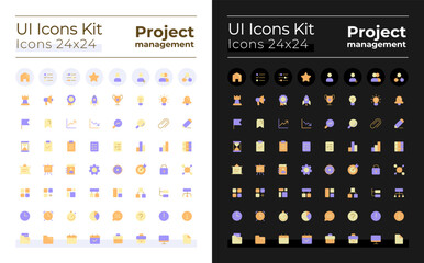 Project management pixel perfect flat gradient color ui icons kit for dark, light mode. Business plan. Vector isolated RGB pictograms. GUI, UX design for web, mobile. Poppins font used