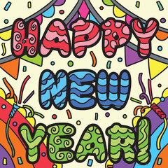 Happy New Year Banner Colored Cartoon Illustration