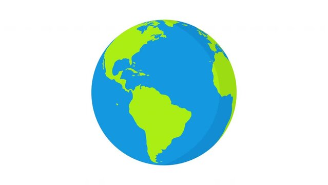 2D animation of cartoon planet Earth isolated on a white background. Rotating green blue planet in flat design. Good for educational, or business film, modern explainers, or infographic