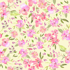 Watercolor seamless pattern with abstract different pink flowers, leaves, branches. Hand drawn floral illustration isolated on yellow background. For packaging, wallpaper, wrapping  design or print