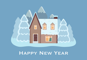 Obraz premium Vector illustration of isolated decorated buildings, New Year and Christmas houses on nature background. Holiday and celebration, winter architecture