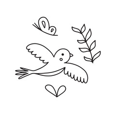 Cute bird in doodle style. Coloring book for children. Vector illustration isolated on white background for your design