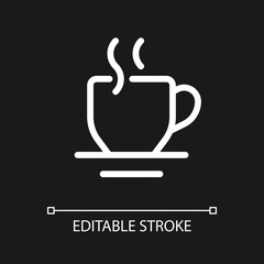 Hot beverage pixel perfect white linear ui icon for dark theme. Morning tea. Calming drink. Vector line pictogram. Isolated user interface symbol for night mode. Editable stroke. Arial font used