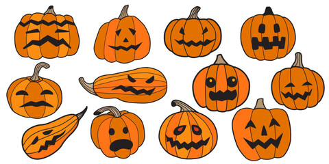 Mega super bundle with pumpkins. Set of Halloween pumpkins. Pumpkins with different faces, emotions of fear, fright, smiles. Flat doodle style, with contour black stroke, orange, yellow color. Vector