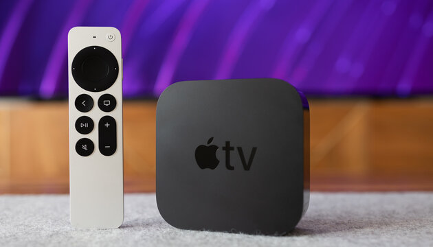 LONDON - APRIL 13, 2022: Apple TV 4K Streaming Device Box for Movies with Silver Remote Control