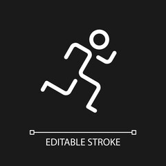 Running pixel perfect white linear ui icon for dark theme. Active lifestyle. Jogging practice. Vector line pictogram. Isolated user interface symbol for night mode. Editable stroke. Arial font used