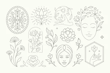 Foto op Canvas Magic esoteric flower decorative design monochrome simple line art logo set vector illustration © provectors